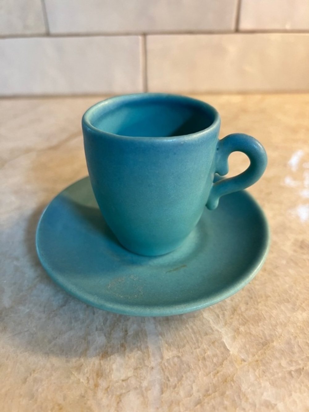 Van Briggle Vintage Matte Ming Blue Turquoise Ceramic Espresso Cup with Saucer